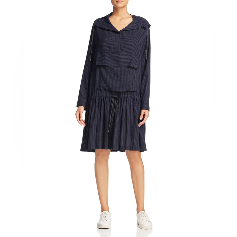 DKNY Pure Hooded Pinstripe Dropped Waist Dress - Navy - S